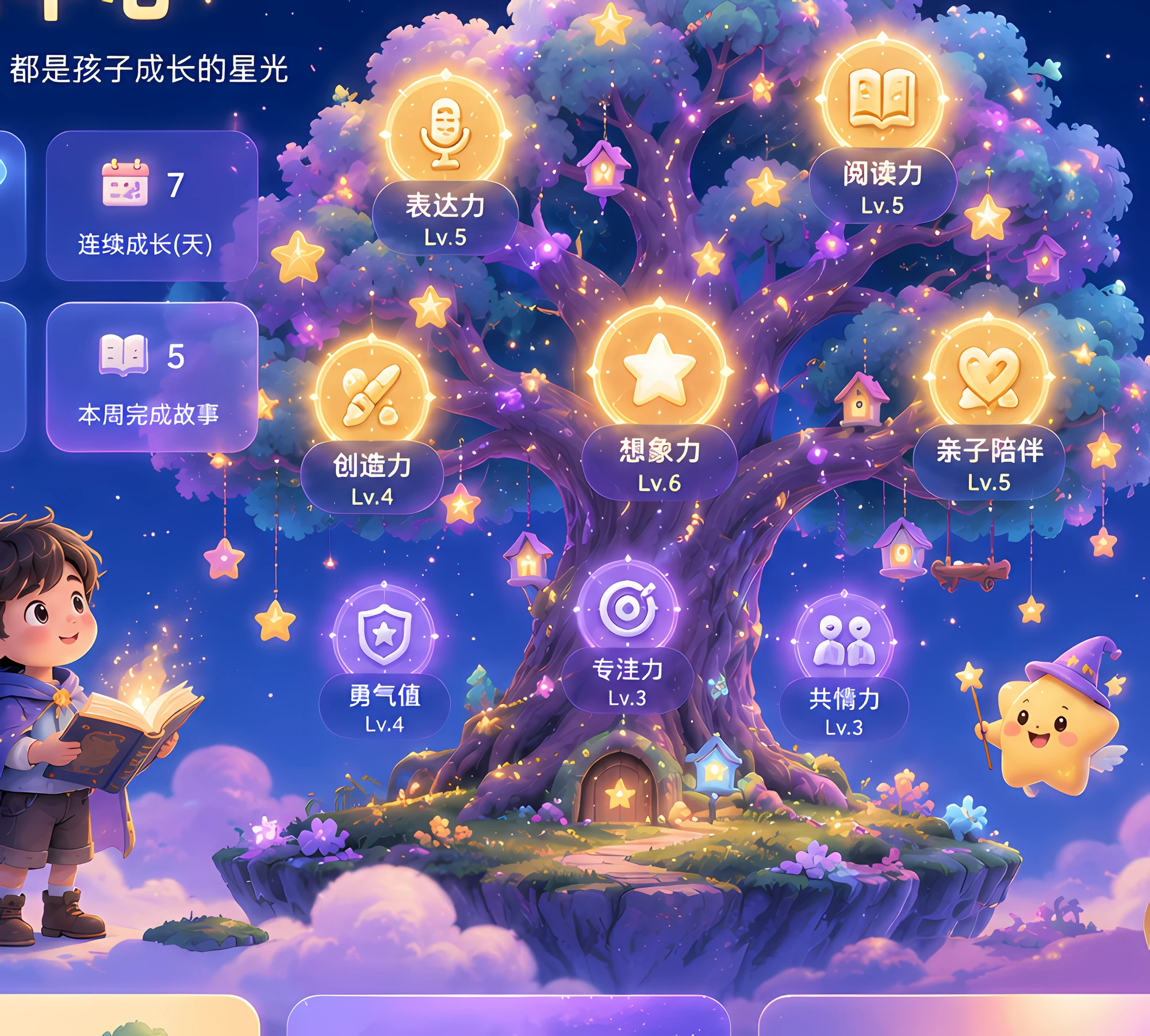 孩子坐看的成长之树，枝头挂满表达力、阅读力、想象力、亲子陪伴、创造力、勇气、专注力、共情力等能力的发光徽章