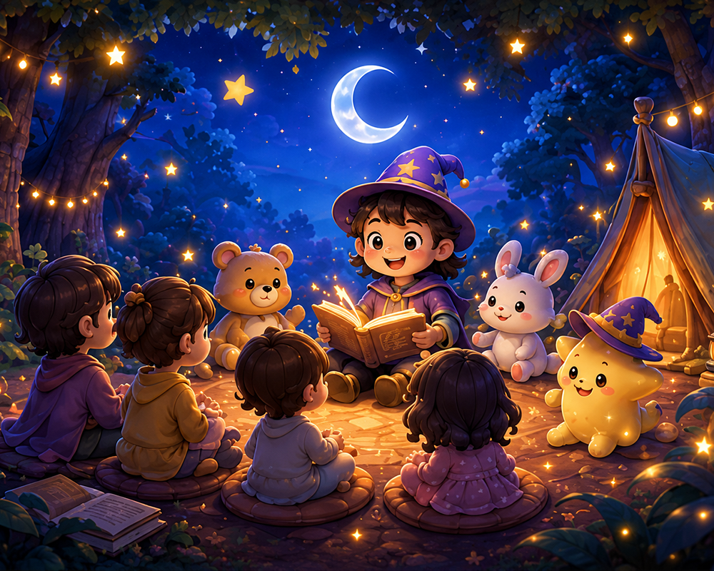 夜晚森林篝火故事会